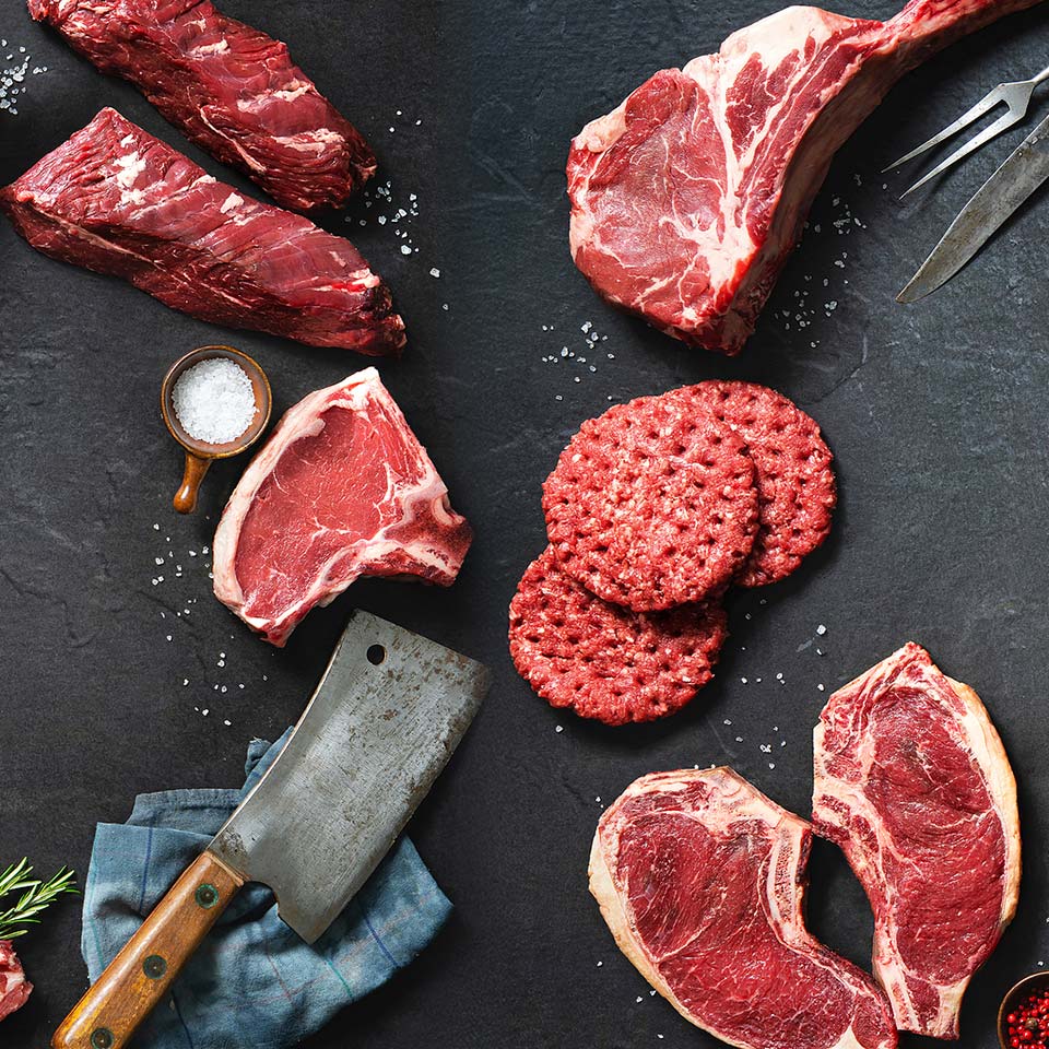 A variety of red meat, ground hamburger, steaks and butcher cut proteins available for shipping in our meat subscription boxes.