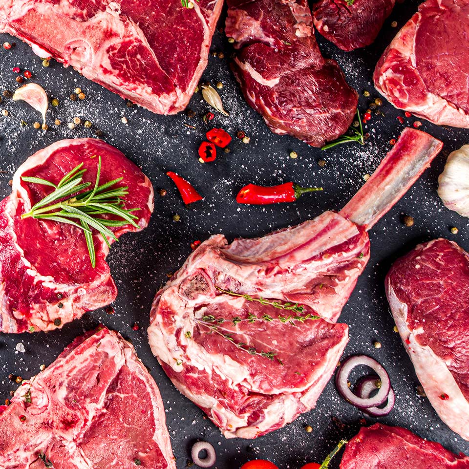 A variety of steaks, chops and roasts packaged and shipped in our meat subscription boxes.