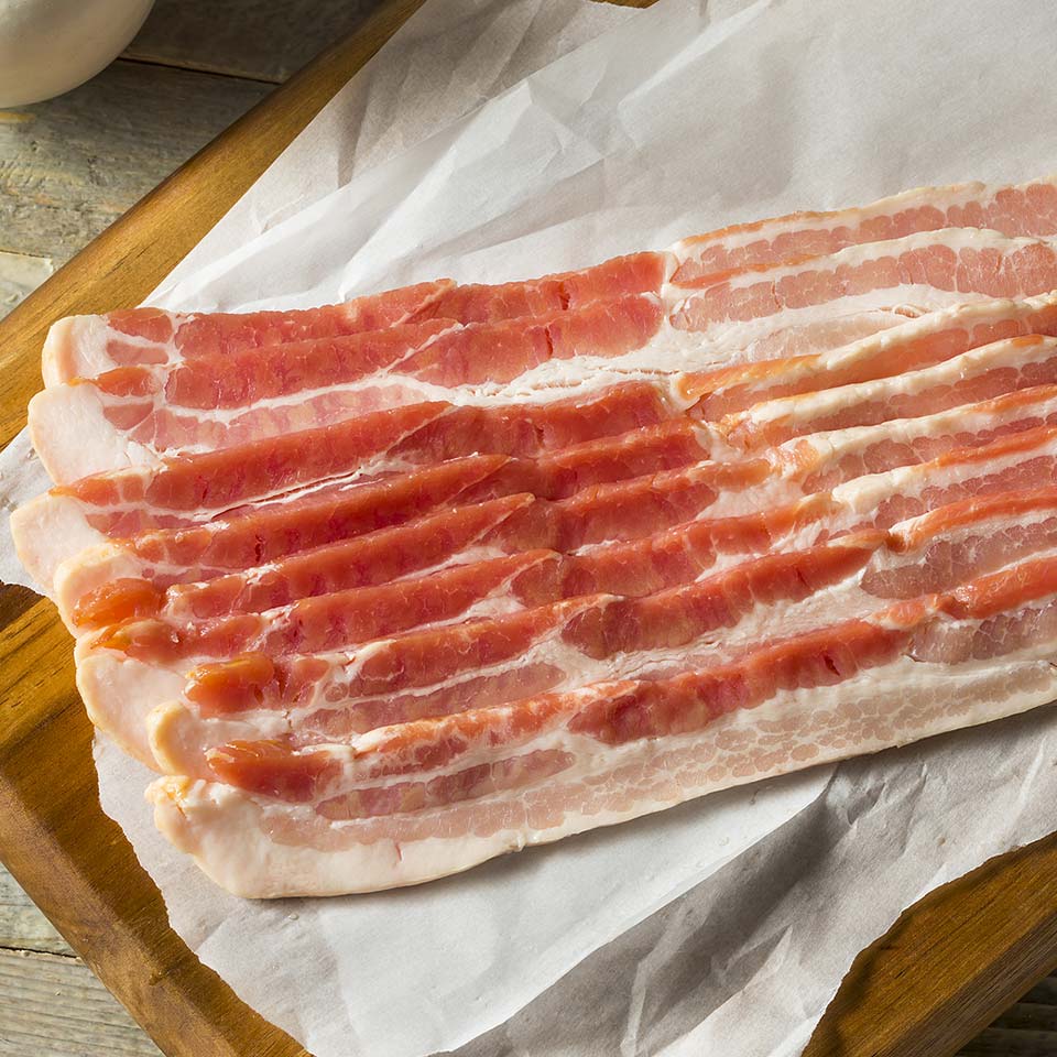 Slices of thick cut bacon packaged and shipped to your door ready for frying.
